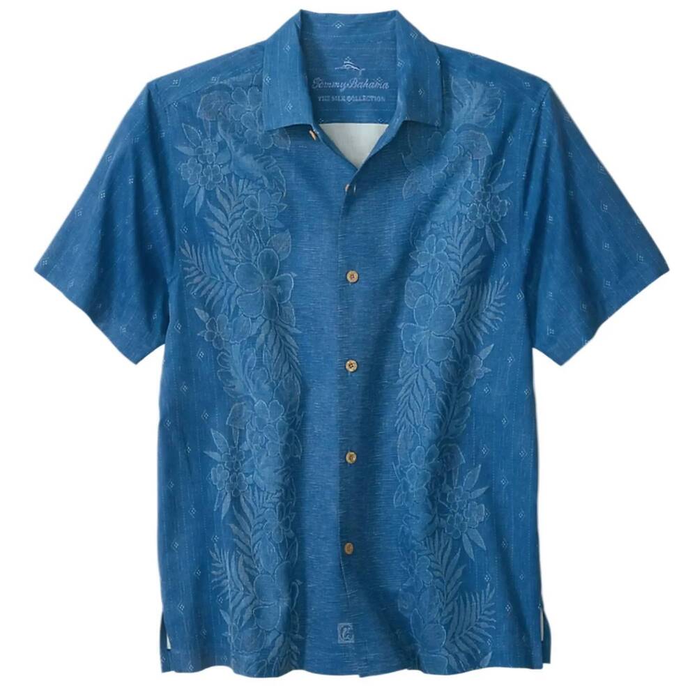 NEW TOMMY BAHAMA men's kona luxe border silk camp shirt in dockside blue